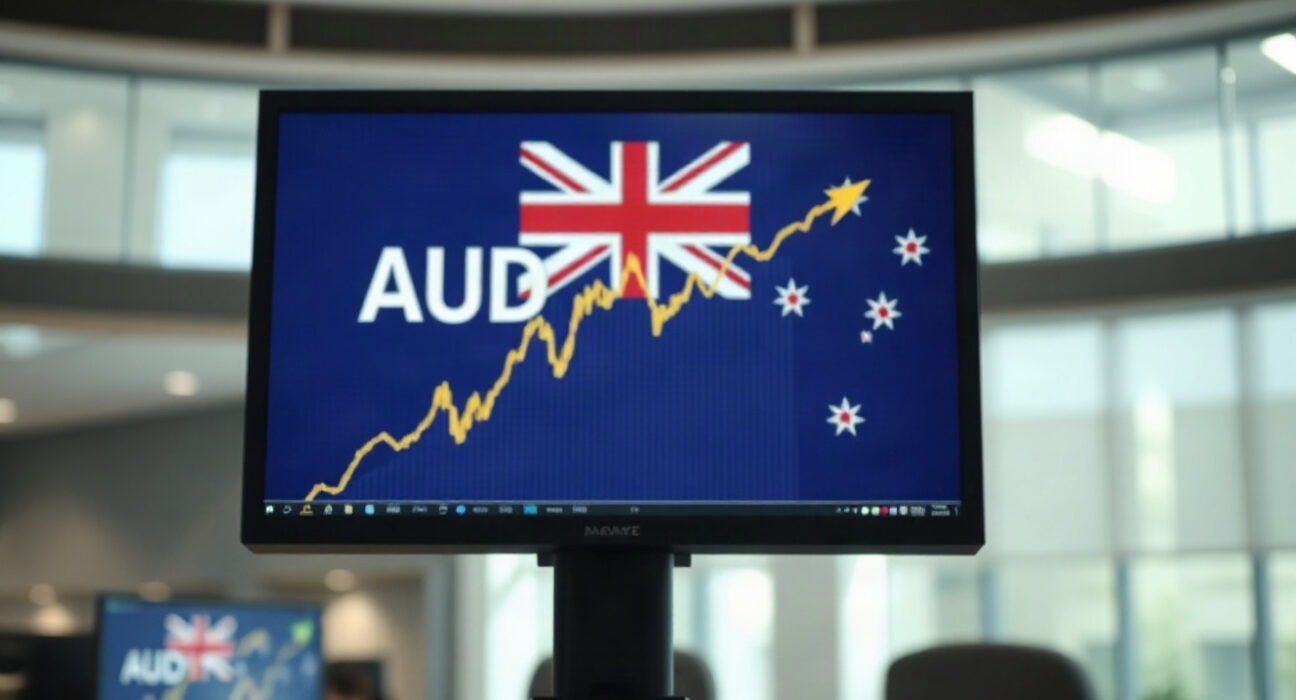 AUD/USD chart showing upward movement on a trading screen