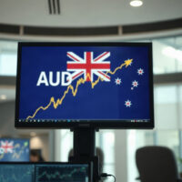 AUD/USD chart showing upward movement on a trading screen