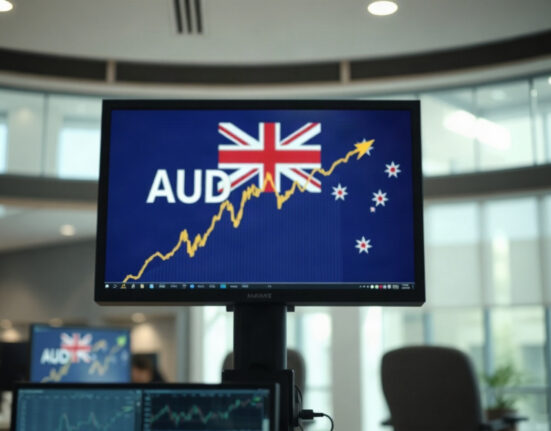 AUD/USD chart showing upward movement on a trading screen