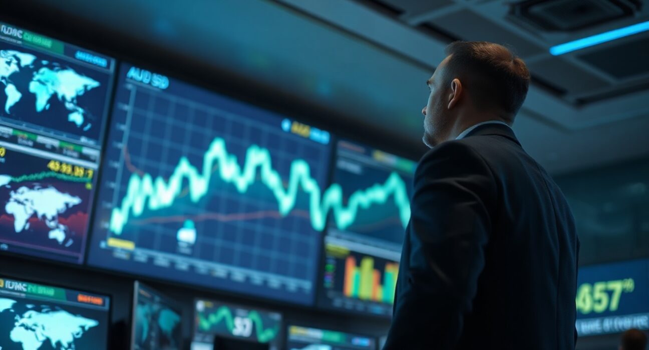 Trader monitoring AUD/USD chart on screen in modern trading floor