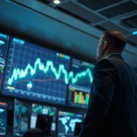 Trader monitoring AUD/USD chart on screen in modern trading floor