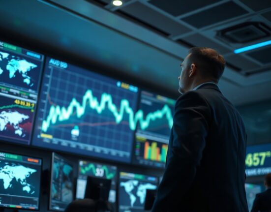 Trader monitoring AUD/USD chart on screen in modern trading floor