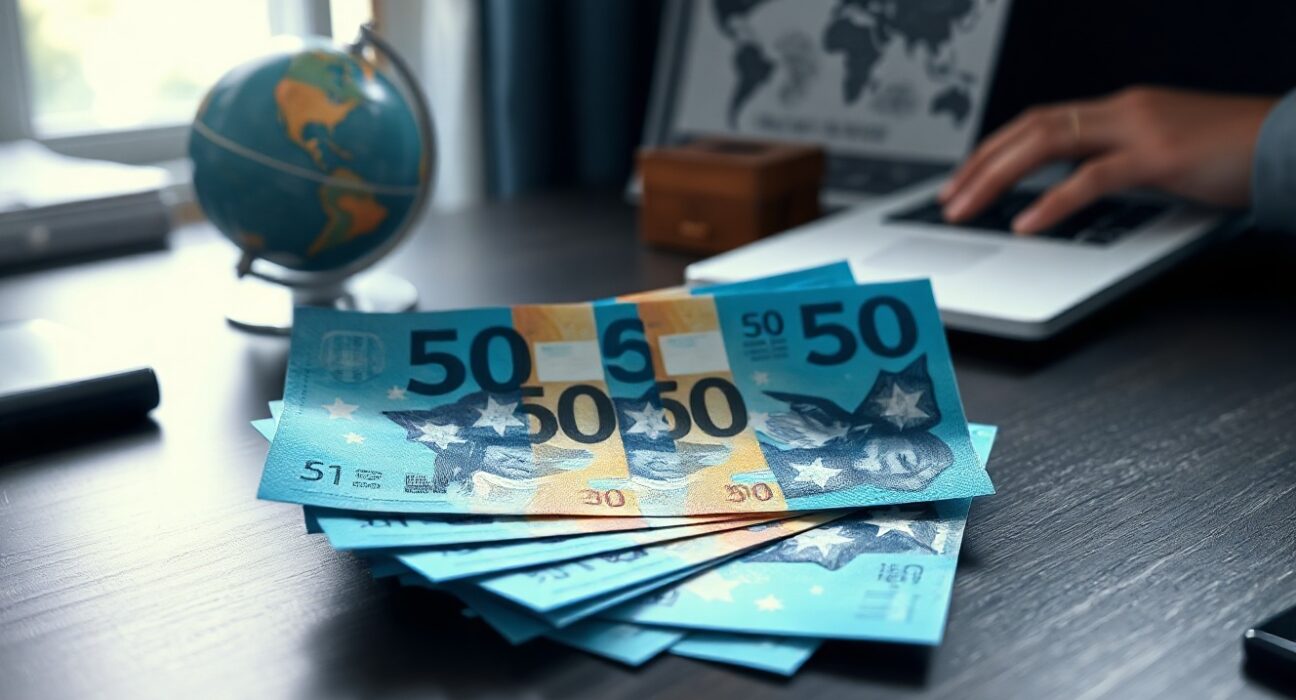 Australian dollar banknotes fanned out on a desk representing currency market strength
