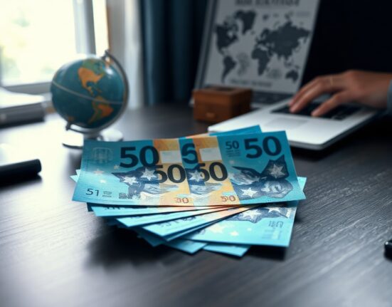 Australian dollar banknotes fanned out on a desk representing currency market strength