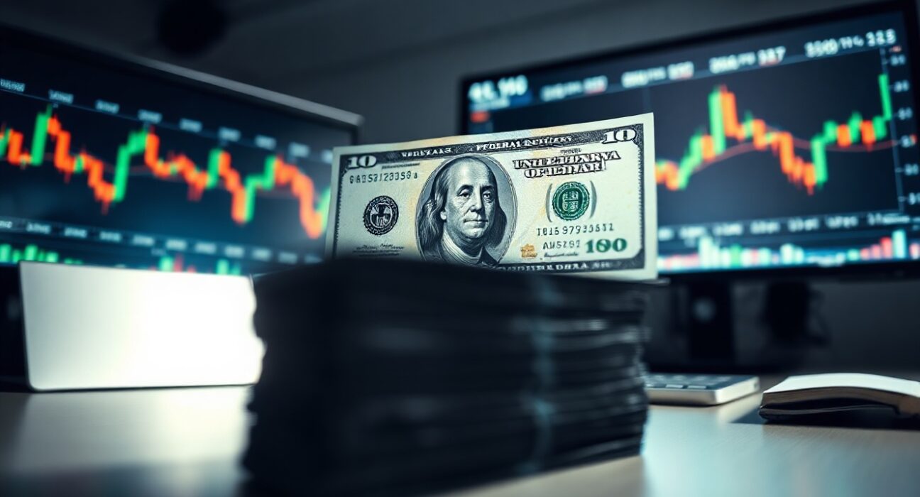 Australian Dollar vs US Dollar currency comparison with market charts in background
