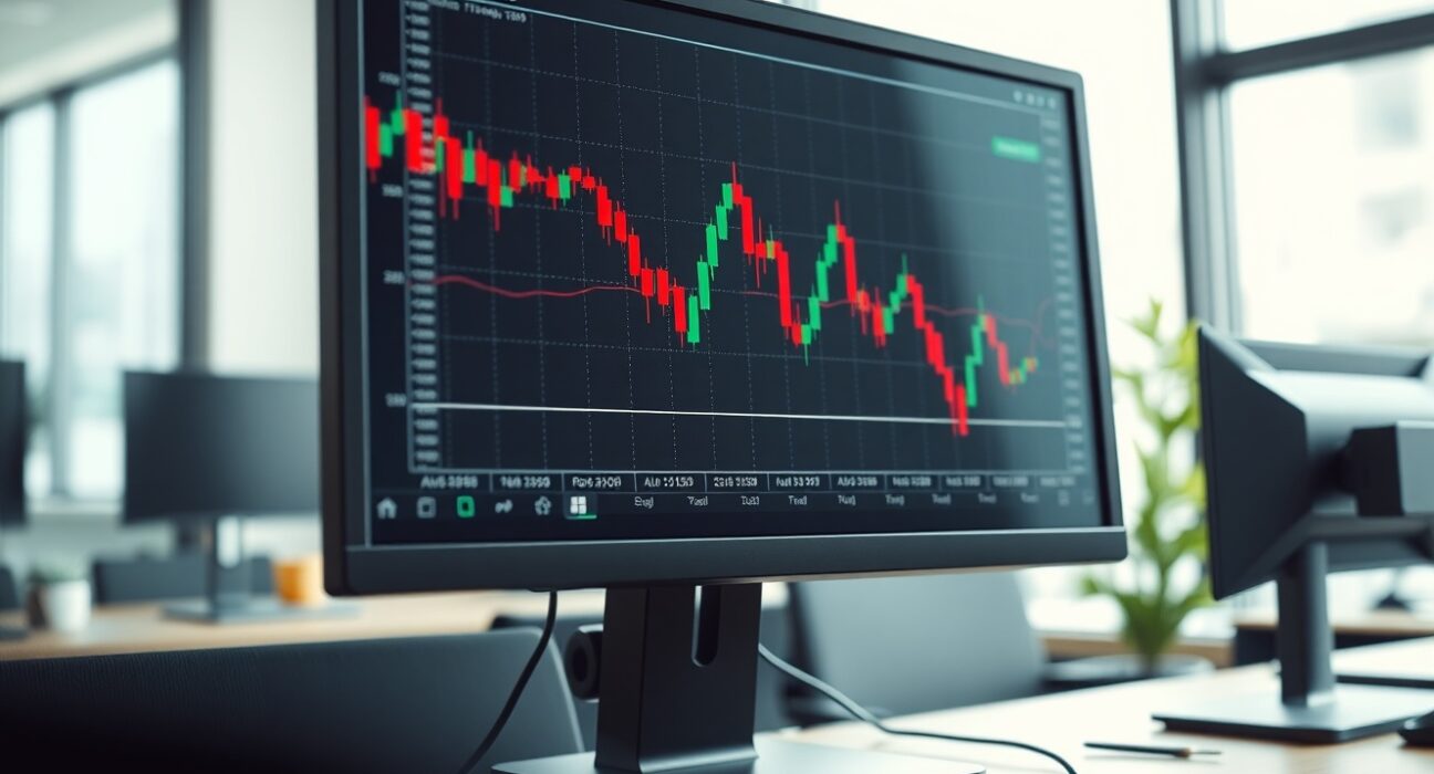 AUD/USD currency pair chart showing downward trend on a trading monitor in a modern office.