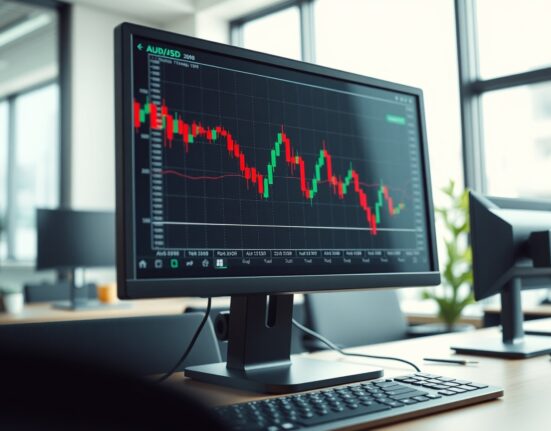 AUD/USD currency pair chart showing downward trend on a trading monitor in a modern office.