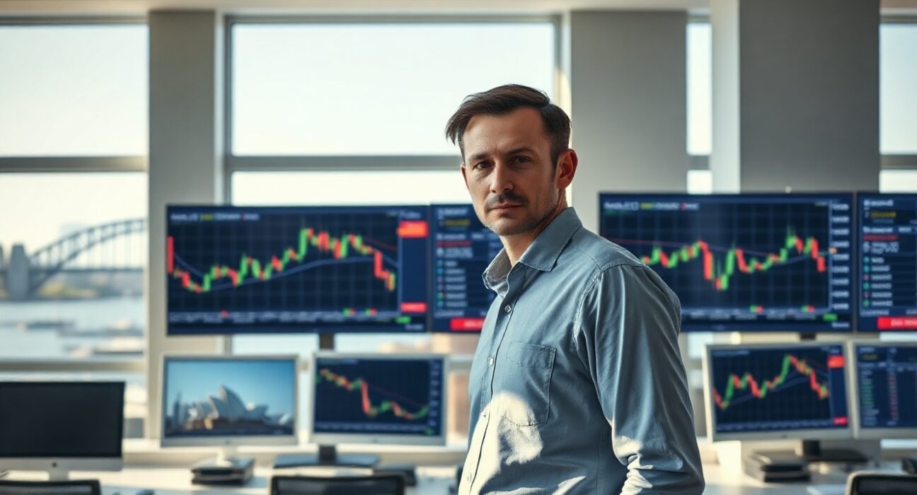 Financial trader monitoring AUD/USD forex charts on screens in a Sydney trading office with harbour view.