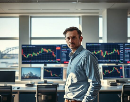 Financial trader monitoring AUD/USD forex charts on screens in a Sydney trading office with harbour view.