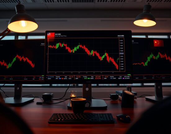 Forex trading desk showing AUD/USD chart with downward trend, reflecting subdued Australian dollar amid risk aversion and China inflation data.
