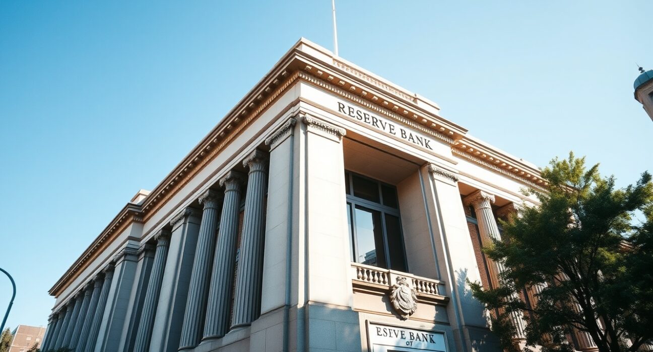 Reserve Bank of Australia building in Sydney on a sunny day, representing monetary policy and AUD support.