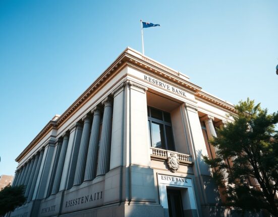 Reserve Bank of Australia building in Sydney on a sunny day, representing monetary policy and AUD support.