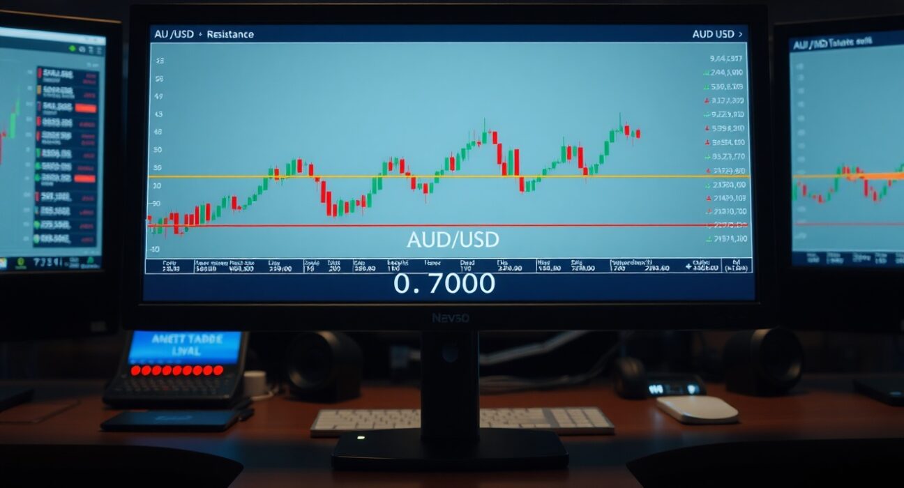 AUD/USD candlestick chart approaching 0.7000 resistance level on a trading screen