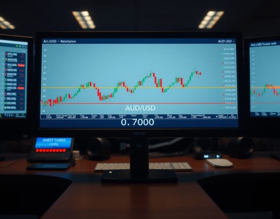 AUD/USD candlestick chart approaching 0.7000 resistance level on a trading screen