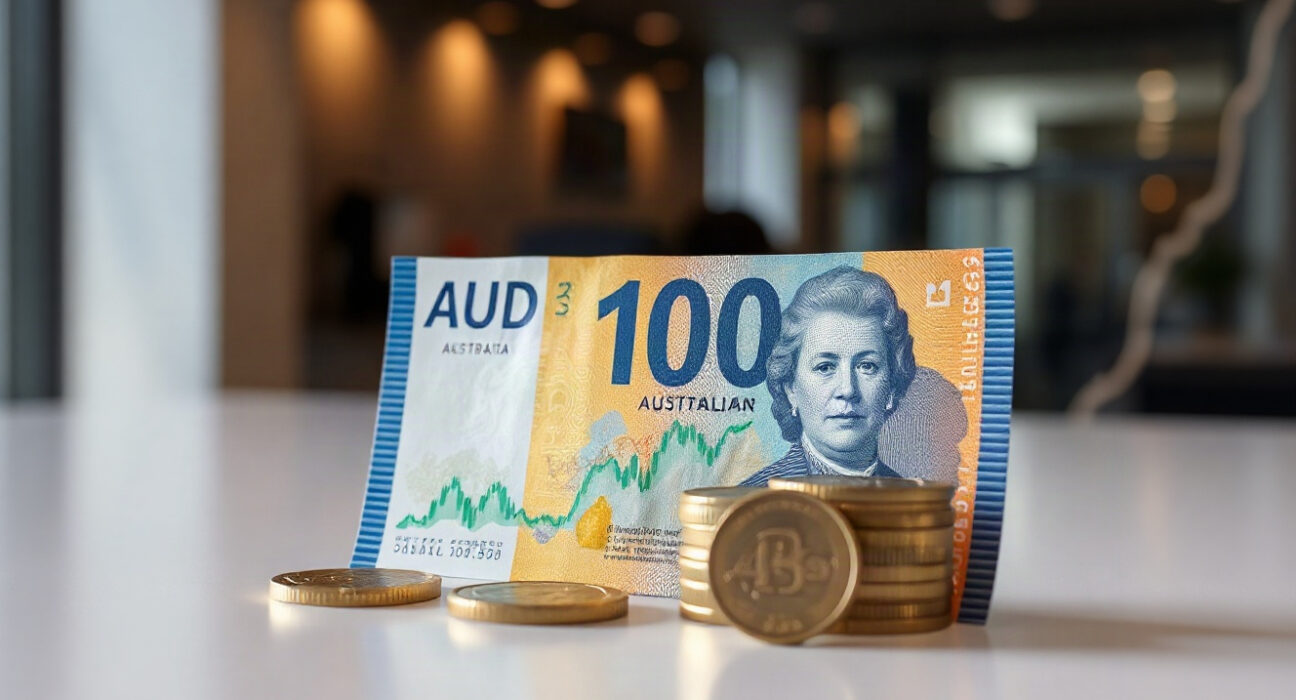 Australian Dollar banknotes and coins with a subtle upward price chart in the background