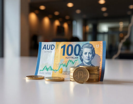 Australian Dollar banknotes and coins with a subtle upward price chart in the background