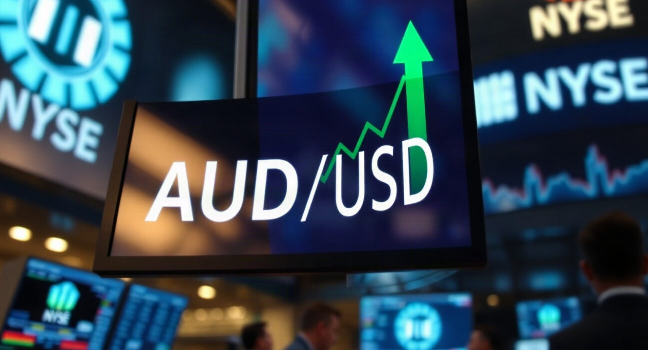 AUD/USD exchange rate chart showing an upward trend on a trading screen in a financial center.