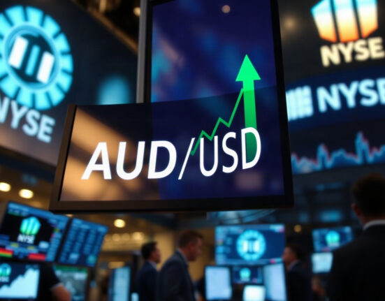 AUD/USD exchange rate chart showing an upward trend on a trading screen in a financial center.