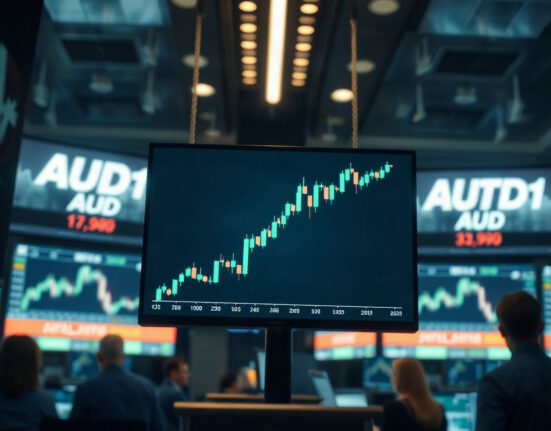 AUD/USD currency chart showing upward trend on a trading screen