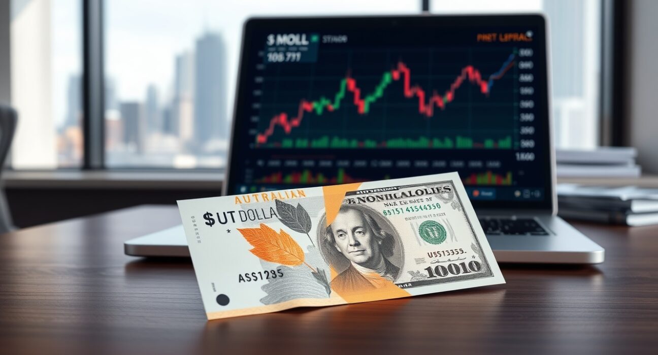 Australian Dollar trades mixed with US Dollar banknotes and a laptop showing financial charts, representing AUD/USD outlook ahead of CPI data and Fed policy.