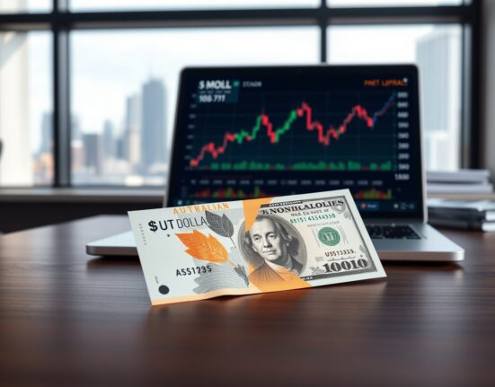Australian Dollar trades mixed with US Dollar banknotes and a laptop showing financial charts, representing AUD/USD outlook ahead of CPI data and Fed policy.
