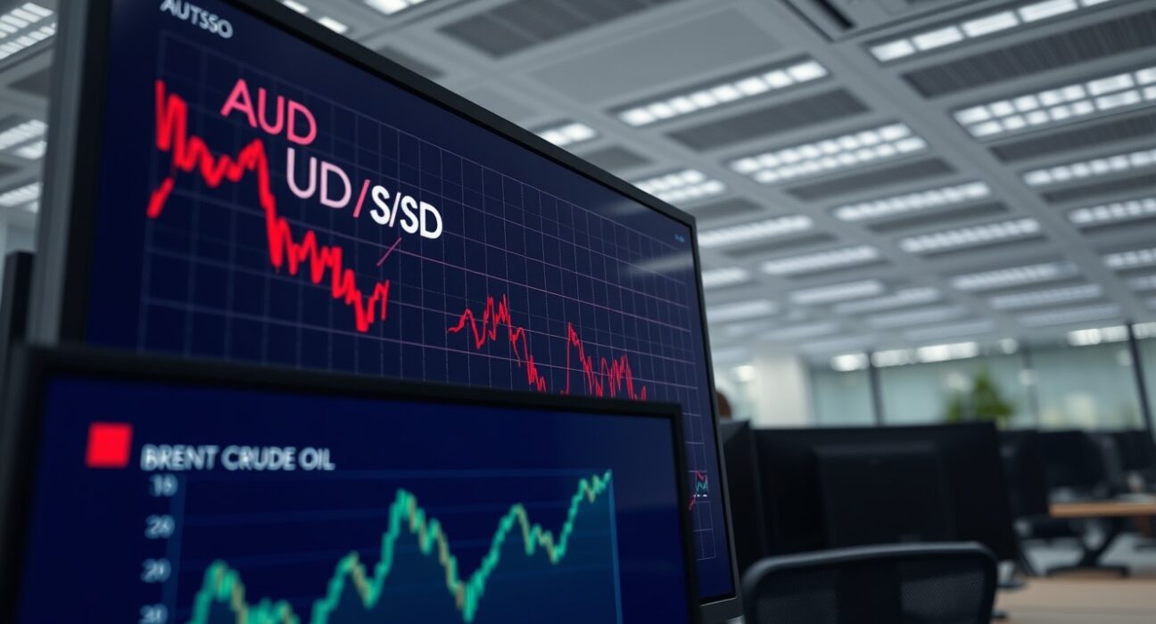 Chart showing the Australian Dollar AUD/USD exchange rate plummeting as oil prices surge due to Middle East tensions.