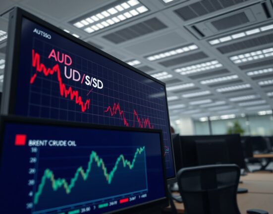 Chart showing the Australian Dollar AUD/USD exchange rate plummeting as oil prices surge due to Middle East tensions.