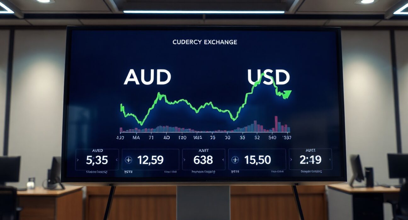 AUD/USD exchange rate chart showing an upward trend on a trading screen