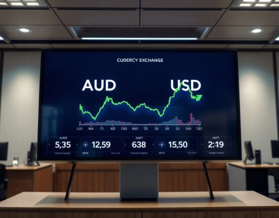 AUD/USD exchange rate chart showing an upward trend on a trading screen