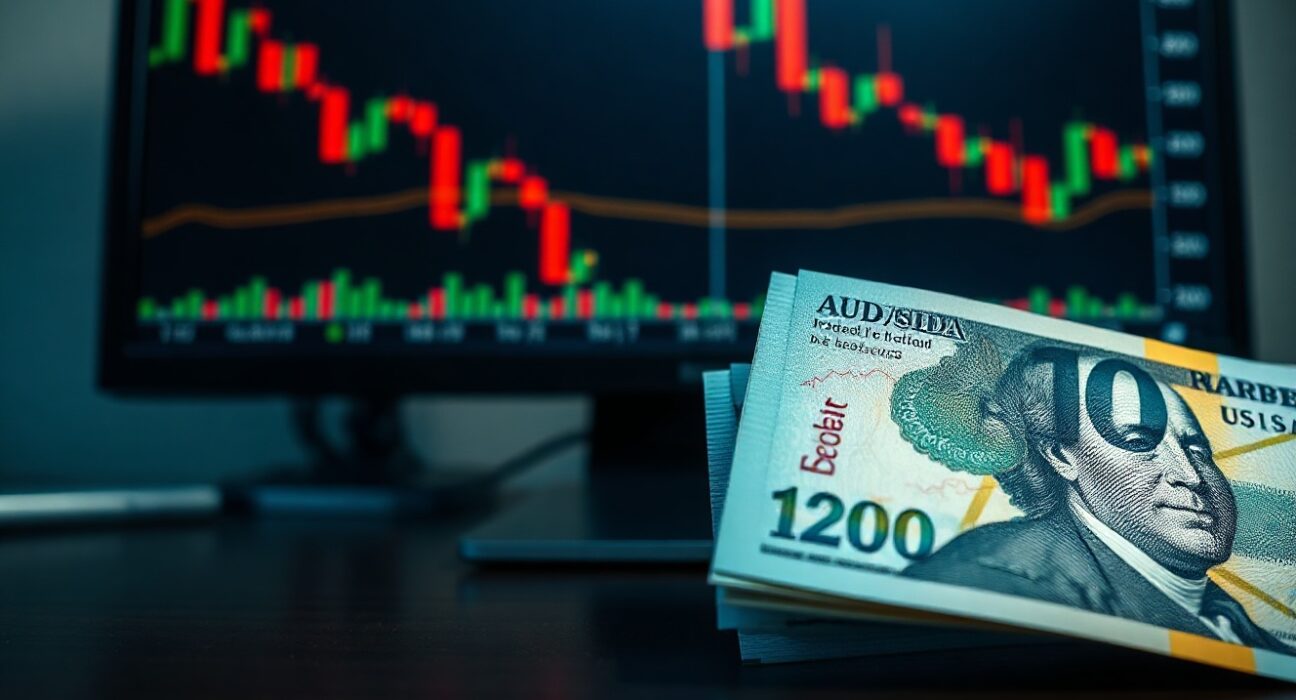 AUD and USD banknotes on a desk with a trading chart showing a downward trend, illustrating forex market reaction to US economic data.