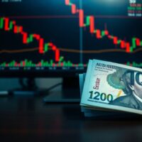 AUD and USD banknotes on a desk with a trading chart showing a downward trend, illustrating forex market reaction to US economic data.