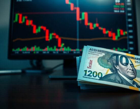 AUD and USD banknotes on a desk with a trading chart showing a downward trend, illustrating forex market reaction to US economic data.
