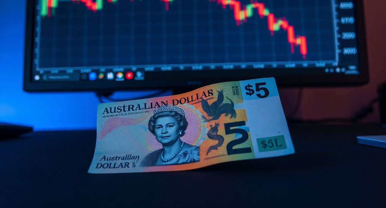 Australian Dollar banknote with a bearish financial chart in the background