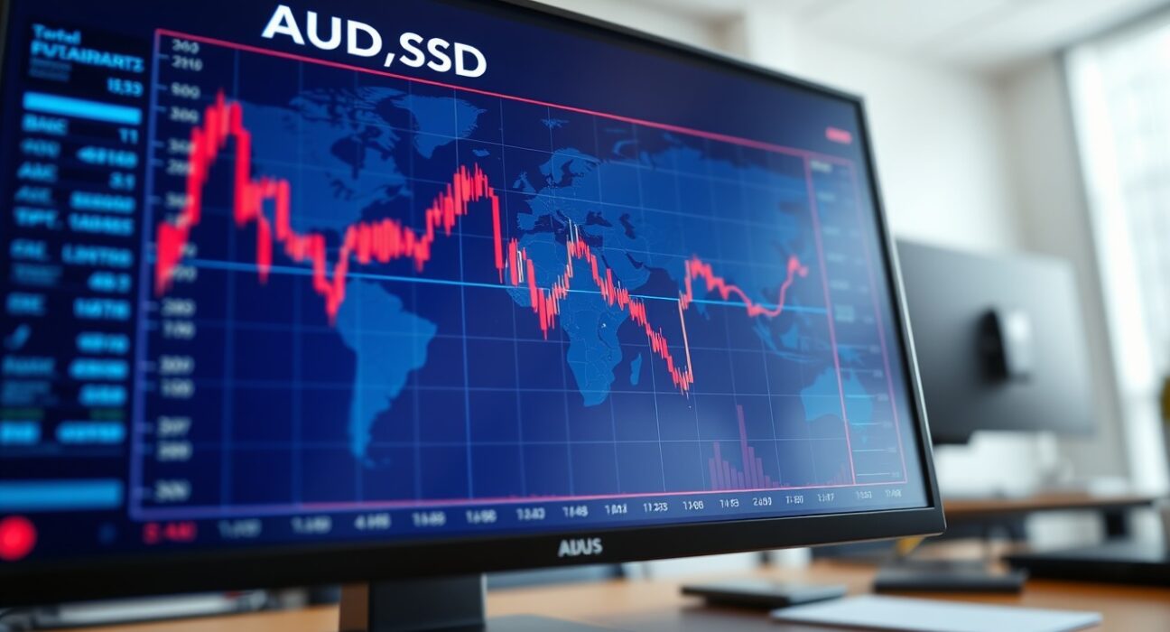 Australian Dollar AUD/USD chart declining amid Middle East conflict impacting risk sentiment.
