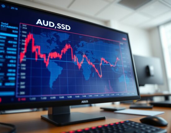 Australian Dollar AUD/USD chart declining amid Middle East conflict impacting risk sentiment.