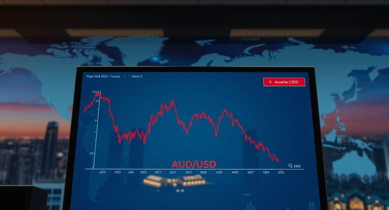 Australian Dollar AUD/USD chart declining on trading screen amid Middle East geopolitical tension.