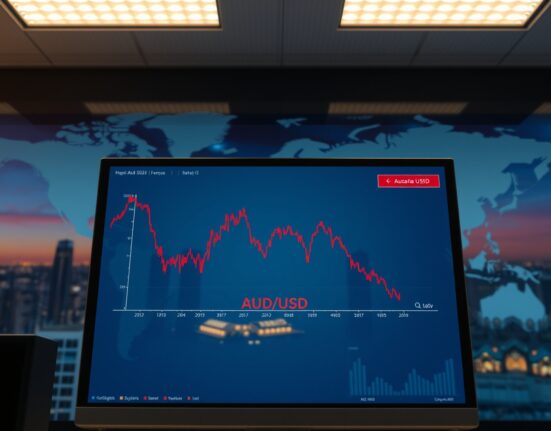 Australian Dollar AUD/USD chart declining on trading screen amid Middle East geopolitical tension.