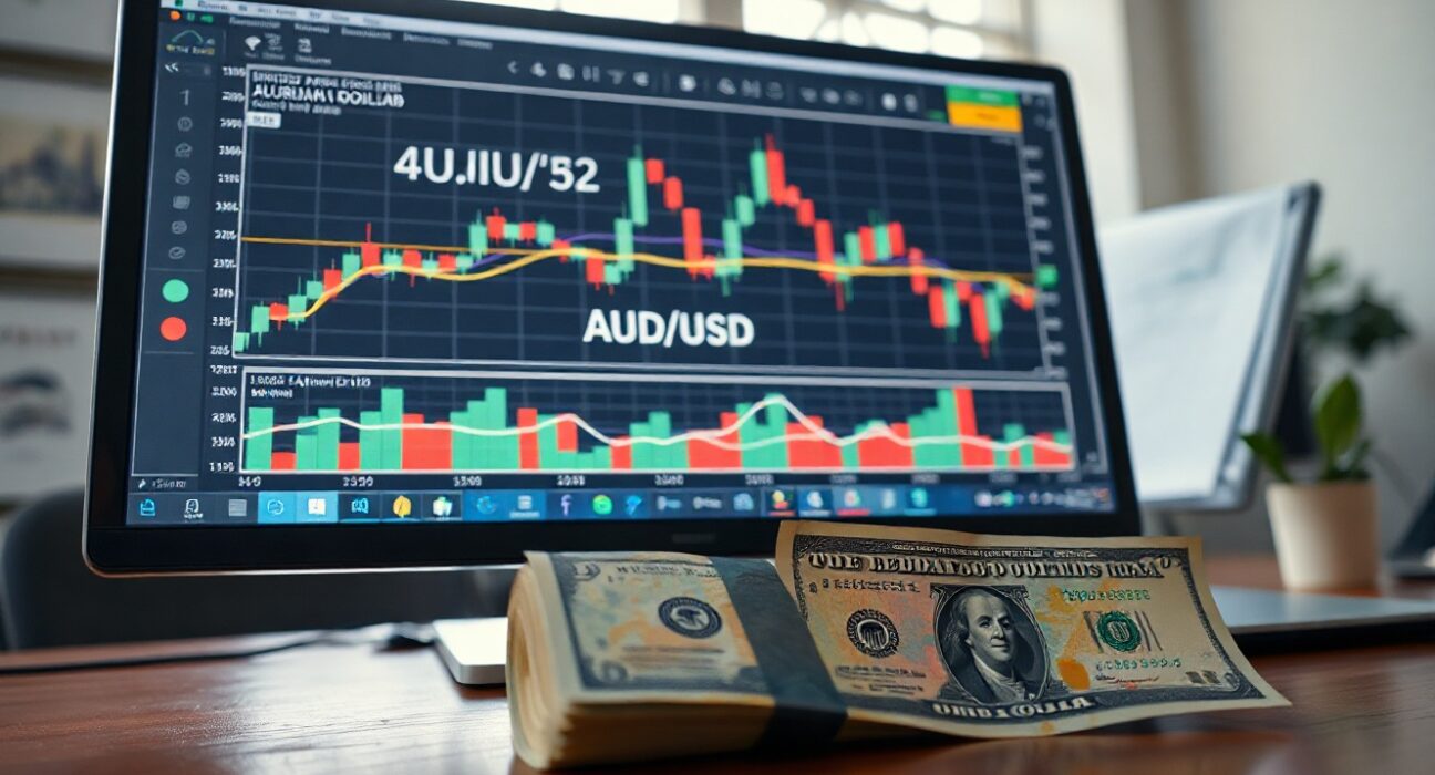 AUD/USD chart and banknotes on analyst desk