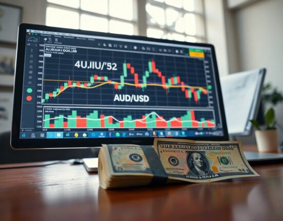 AUD/USD chart and banknotes on analyst desk