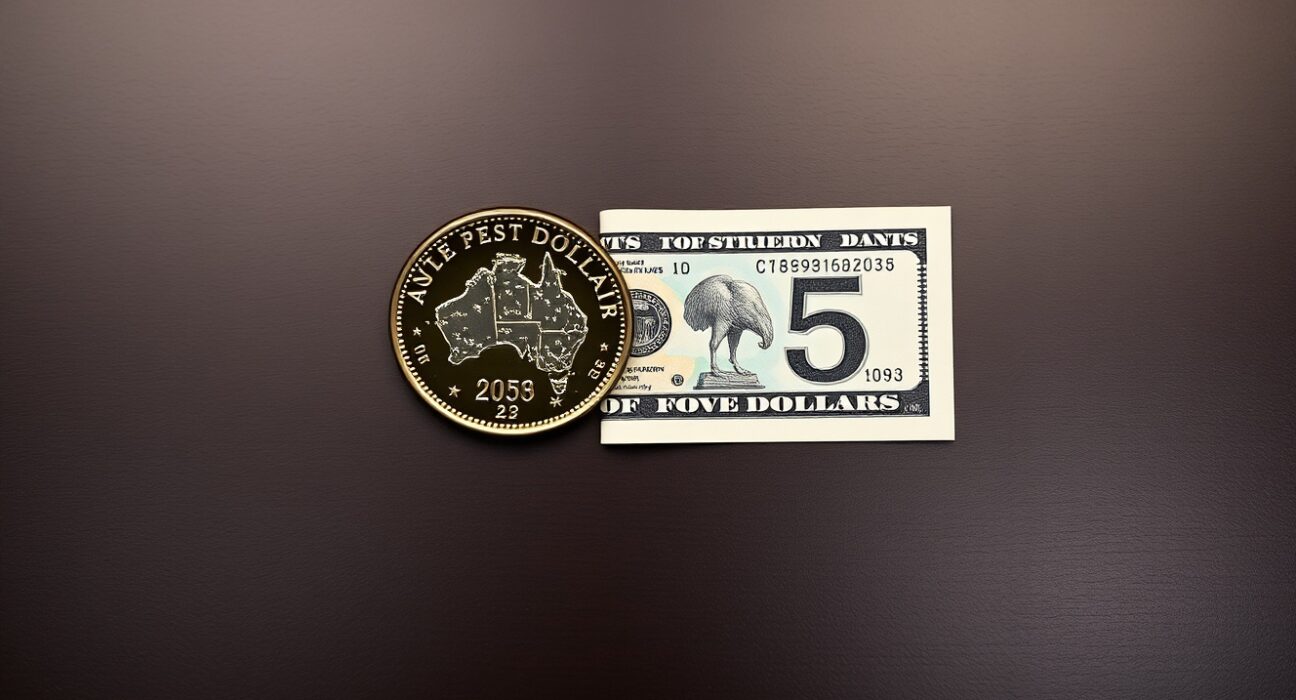 Australian dollar coin and US dollar bill on a desk, representing currency analysis.