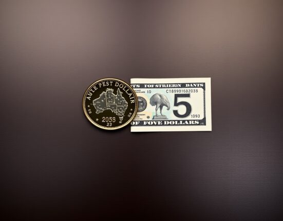 Australian dollar coin and US dollar bill on a desk, representing currency analysis.