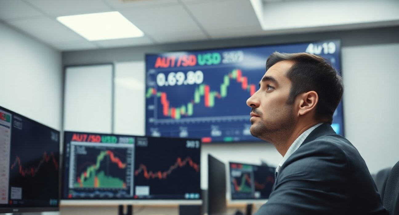 Financial analyst studying AUD/USD chart with upward trend above 0.6980 level in a modern newsroom.