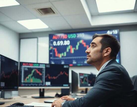 Financial analyst studying AUD/USD chart with upward trend above 0.6980 level in a modern newsroom.