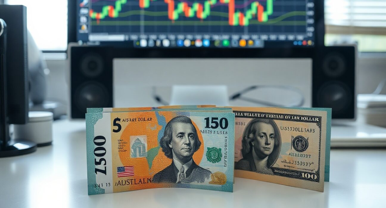 Australian Dollar and US Dollar banknotes on a trading desk with a candlestick chart in the background.
