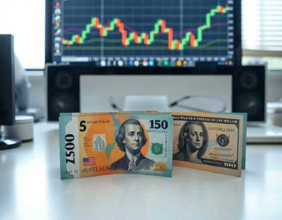 Australian Dollar and US Dollar banknotes on a trading desk with a candlestick chart in the background.