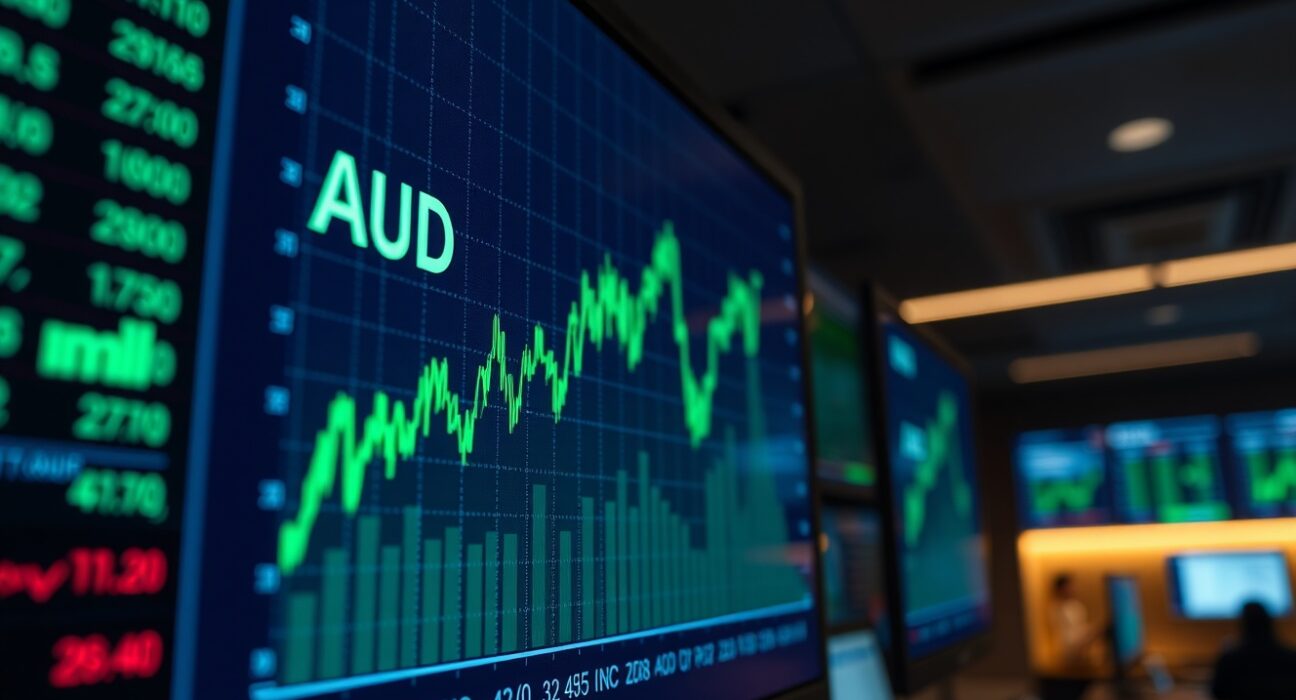 Financial screen showing rising AUD/USD chart with green candlesticks and upward trend