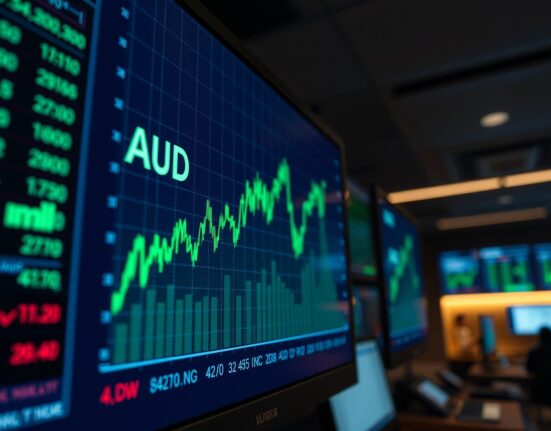 Financial screen showing rising AUD/USD chart with green candlesticks and upward trend