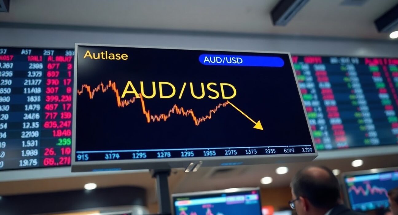AUD/USD exchange rate chart showing downward movement on a trading screen