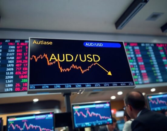 AUD/USD exchange rate chart showing downward movement on a trading screen