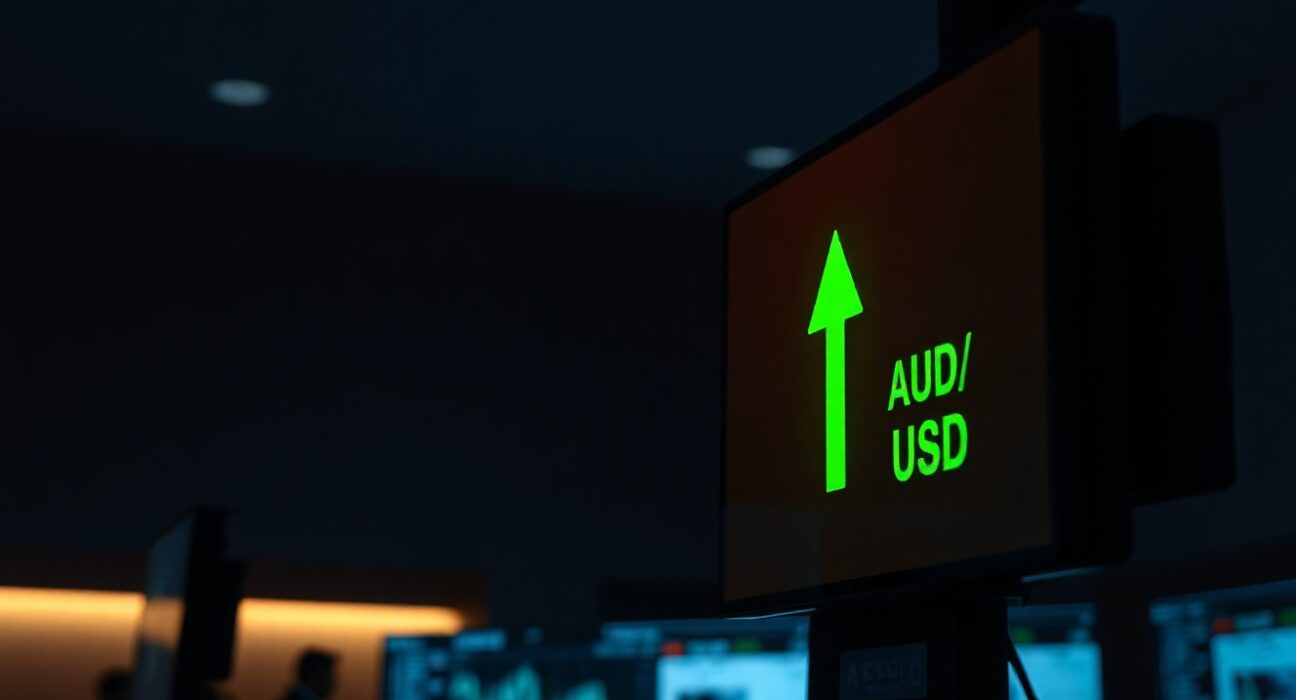 AUD/USD currency pair showing gains on a financial market ticker screen.